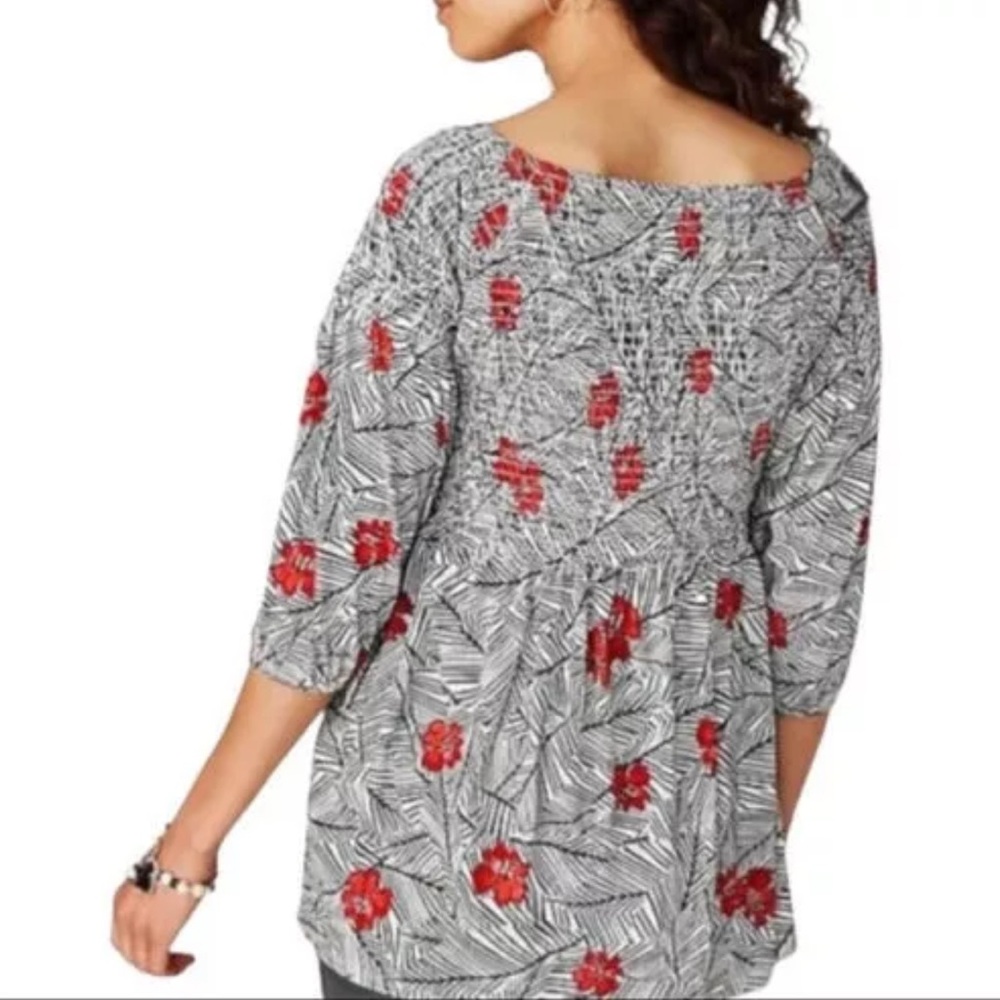 J. Jill Women’s Smocked 3/4 Sleeve Knit Top Black Palm Secret‎ Size Large - Picture 2 of 9